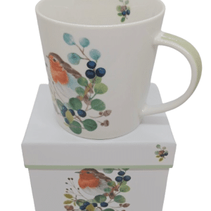 mug rouge-gorge dans son écrin d'eucalyptus